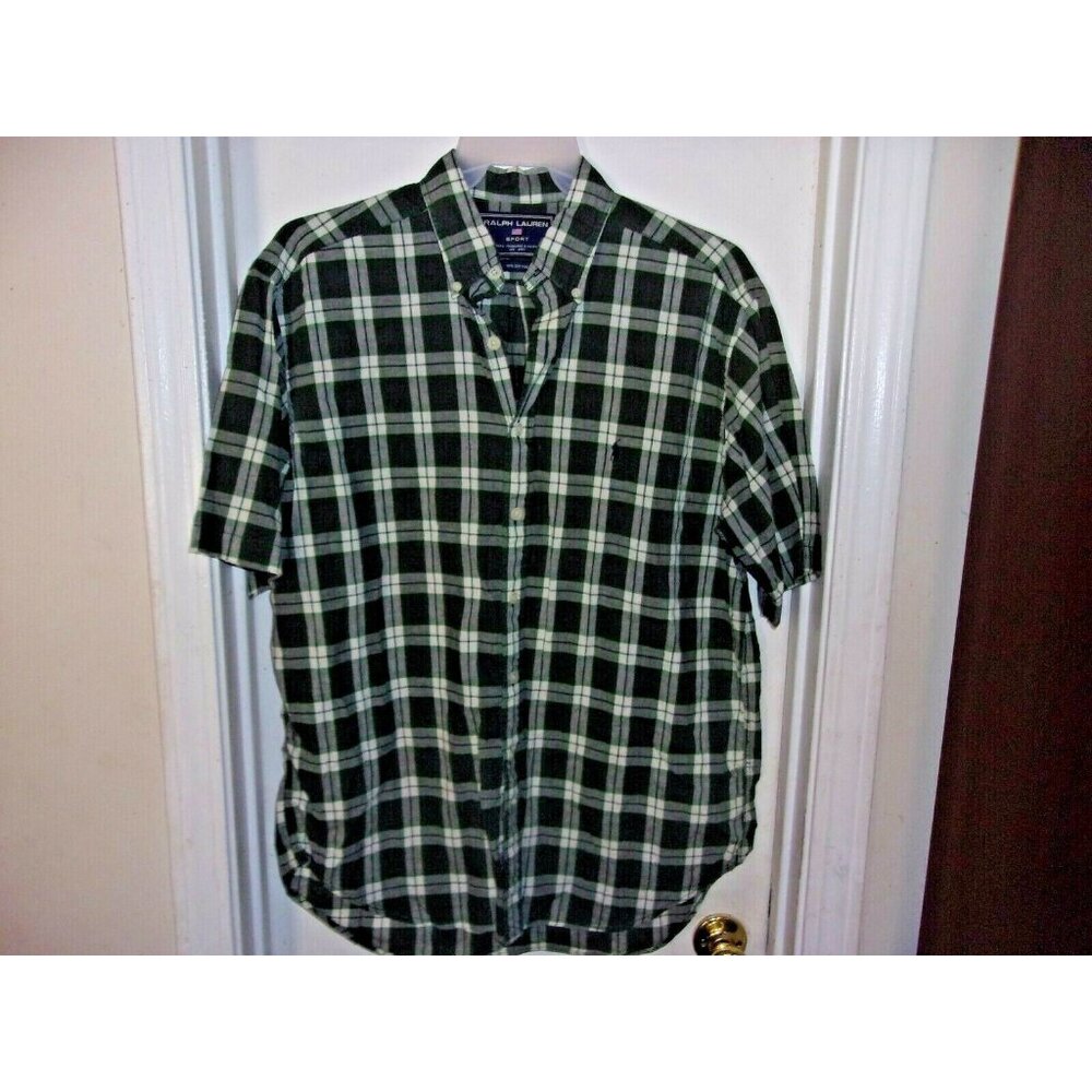 Ralph Lauren Sport Green White Plaid Button Front Short Sleeve Mens Top L